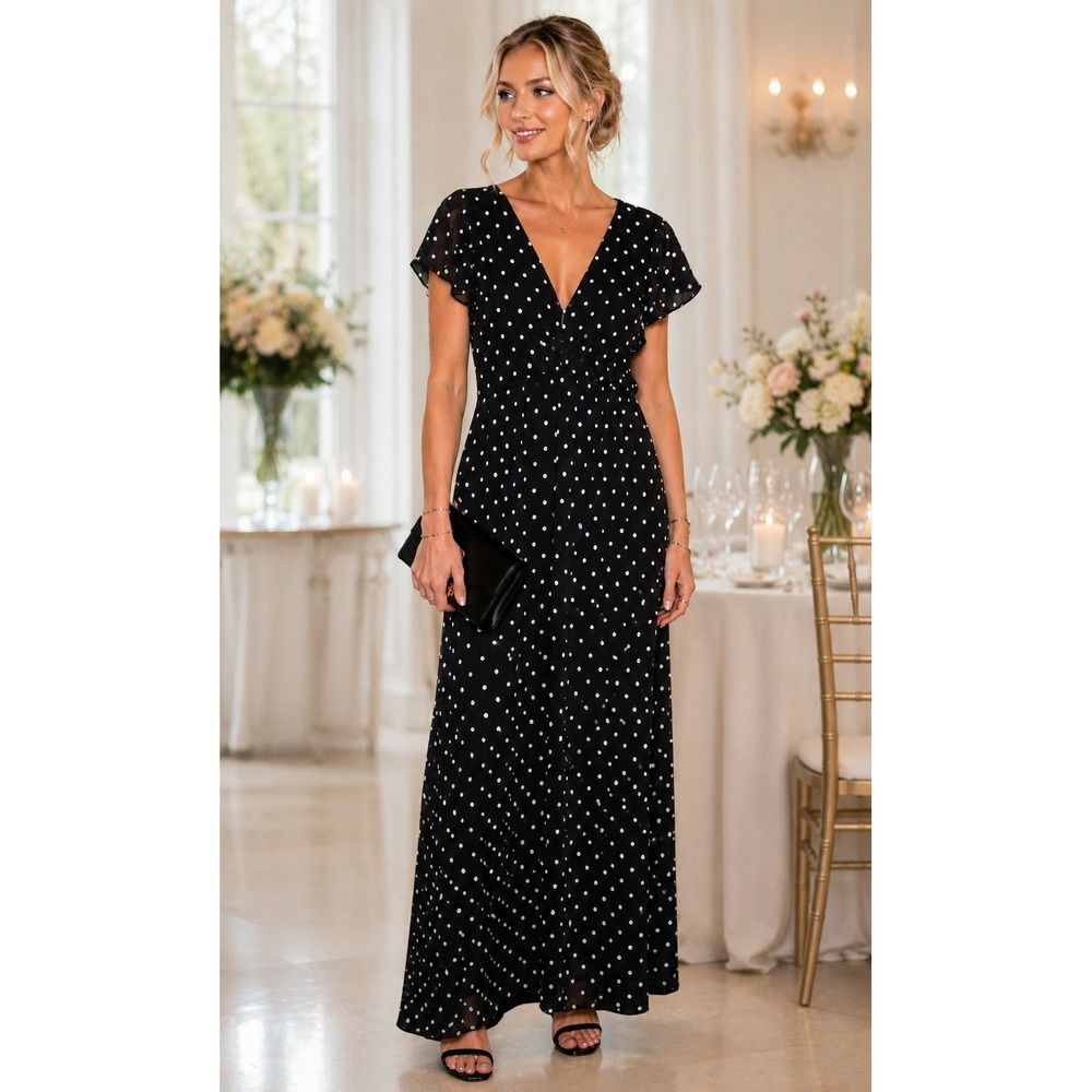 Maxi Dress Women M Black Polka Dot Flutter‎ Sleeve V-Neck Chiffon Wedding Summer